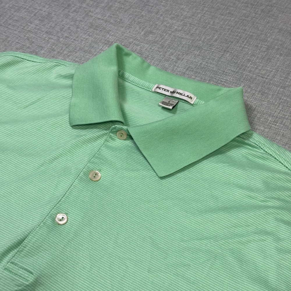 Peter Millar Golf Polo Shirt Mens Large Green 100% Cotton Striped Short Sleeve